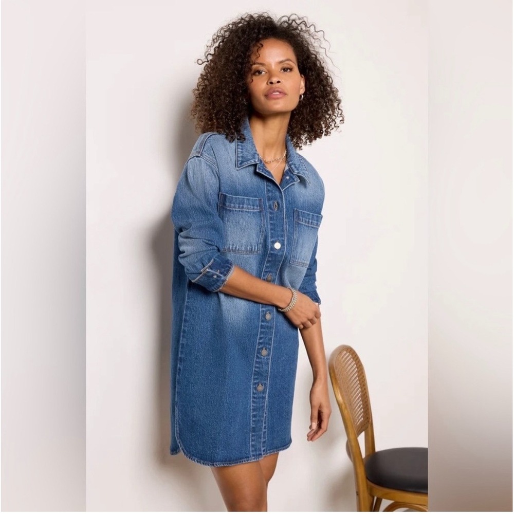 Evereve Blue Denim Shirt Dress Long Sleeve Button Front Size XS Women's